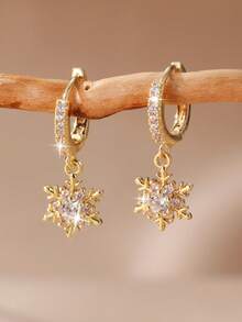 1 par de pendientes de aro con copo de nieve de aleación de zinc y circonita, regalo para mujeres - Multicolor - Ver 5