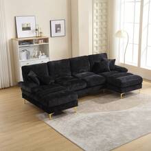 Sofá de sala de estar, sofá esquinero en forma de U de 4 plazas con sillón, tela de chenilla, estructura de madera, patas de metal dorado, para apartamento de sala de estar - Negro - Ver 2