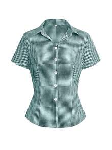 阳光少女风夏季女装，Y2K返校必备单品，包含1件纯棉修身翻领短袖纽扣设计绿色格子学院风衬衫 - 綠色 - 查看 3