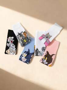 1 par de calcetines de Tom y Jerry de Warner Bros, calcetines deportivos suaves y cómodos, calcetines para todas las estaciones, con un diseño de dibujos animados de Tom y Jerry, versátiles, suaves y cómodos - Multicolor - Ver 3