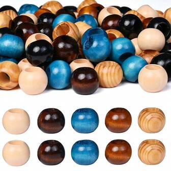 50pcs Large 16x20mm Natural Wood Beads - & Dark Brown, Black, Blue, Beige, Turquoise - Round Spacer Beads With Pre-Drilled Holes For DIY Jewelry Making, Macrame, Necklace, Bracelet, Garland Crafts