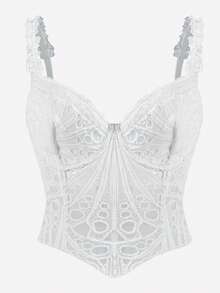 1 buah Atasan Bustier Pendek Bertekstur Transparan Berwarna Hijau Mint dengan Detail Renda Bunga dan Lubang-lubang, Cocok untuk Pemakaian Sehari-hari/Pesta/Pernikahan - Putih - View 2