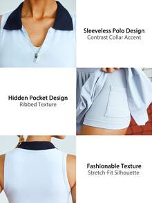 Leorrey 一套女士时尚撞色领半拉链无袖修身背心和百褶裙网球套装，带口袋 - 淺藍色 - 查看 5