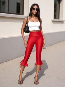 Women Capri Pants Solid Color Elastic Waist Tie-Up Summer Casual Cropped Pants Stretch Crop Leggings - 紅色 - 查看 1