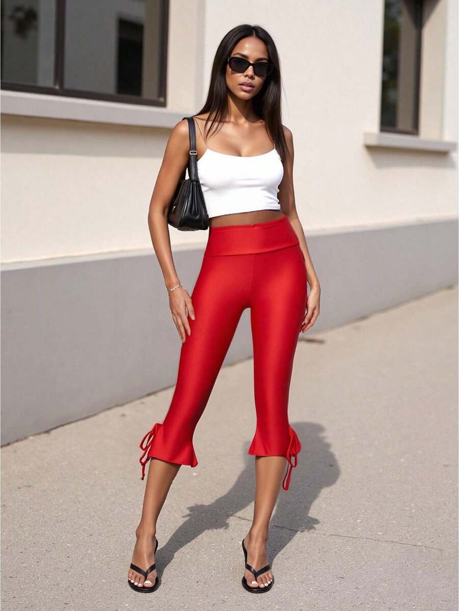 Women Capri Pants Solid Color Elastic Waist Tie-Up Summer Casual Cropped Pants Stretch Crop Leggings - 紅色 - 查看 1