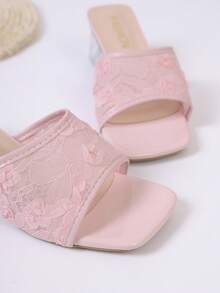 1 Pair Lace Flower Decor Square Toe High Heel Transparent Chunky Heel Sandals, Sweet Girl Style, Summer Pink Lace Teenage High Heel Sandals - Baby Pink - View 2