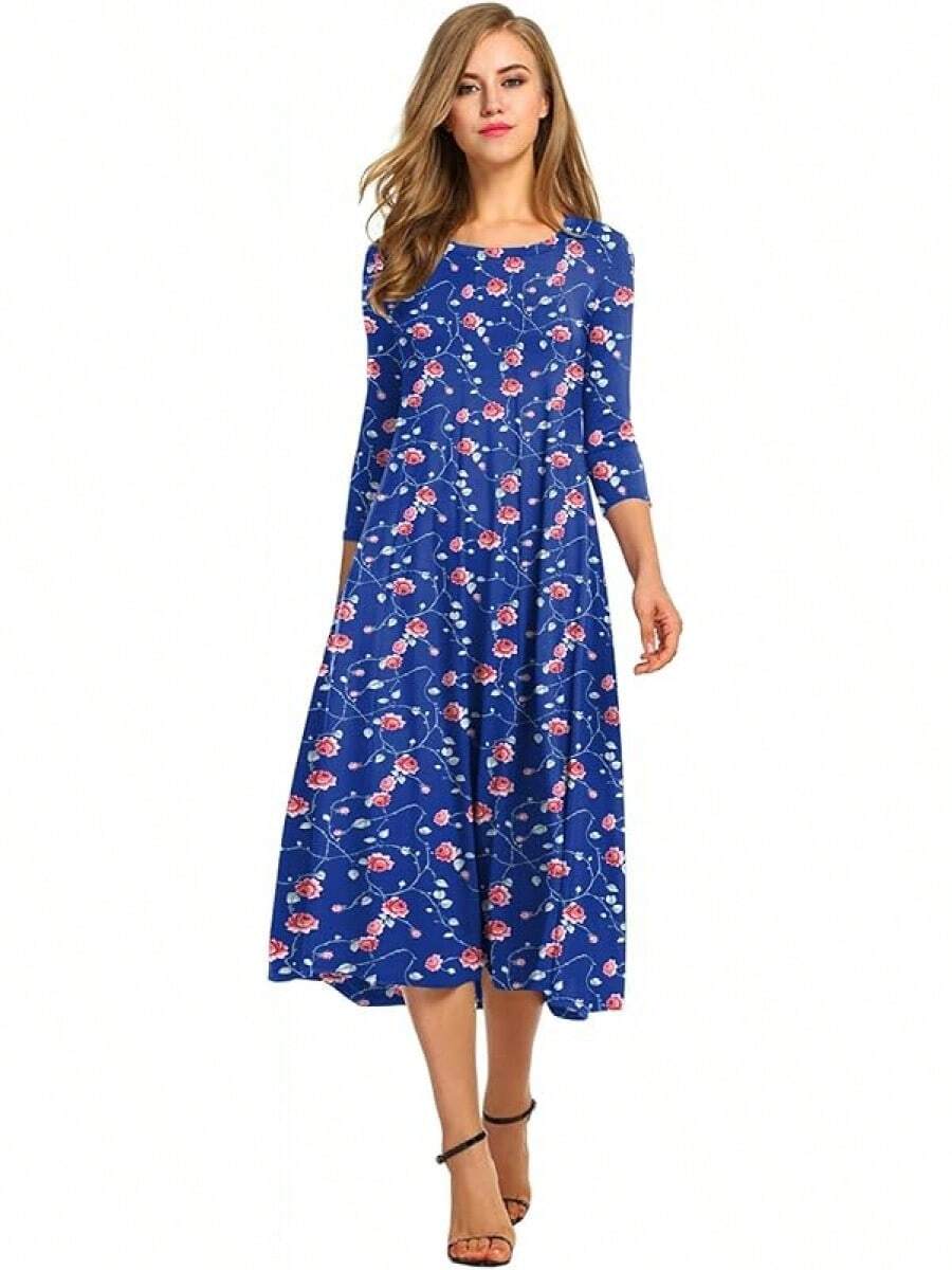 Women's 3/4 Sleeve A-Line And Flare Midi Long Dress, Fashionable, - 皇家藍花卉 - 查看 1