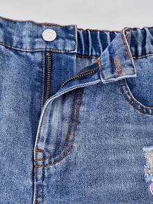 Jeans vaqueros anchos de pierna casual con bordado de corazón y lavado desgastado para niñas - Azul - Ver 4