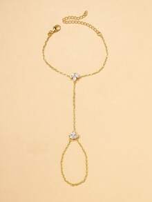 1pc Lotus Flower Finger Chain, Minimalist Elegant Bohemian Style Crystal Hand Chain Bracelet, Bridal Jewelry - Leaf - View 5