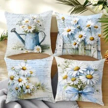 Bộ 4 vỏ gối đơn giản họa tiết hoa cúc xanh hàng ngày, chất liệu nhung đào in một mặt, kích thước vỏ gối 45*45/50*50/40*40CM, thích hợp trang trí phòng khách sofa tối giản hiện đại, làm quà tặng, trang trí tiệc - Nhiều màu - Xem 10