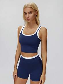 MASKERT Bộ đồ thể thao 3 món phối màu dành cho nữ: Áo tank top không tay dáng ngắn hai trong một + quần short cạp cao, thiết kế ôm sát, tôn dáng, thích hợp cho yoga và thể dục. - Màu xanh hải quân - Xem 4