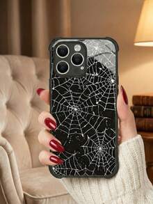 1 Funda protectora minimalista negra para smartphone, compatible con Apple 17/17pr/17promax/Air/16/15/14/13/12/11 y otros modelos, con elemento de patrón de telaraña anti-caída, adecuada para regalar a amigos