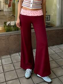 Women's Lightweight Soft Lounge Pants Floral Print Fold Over Waist Wide Leg Trousers For Vacation Home - 紅色 - 查看 7