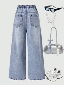 Girls' Wide Leg Jeans, Loose Casual Denim Pants - Blue - View 4
