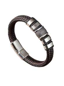 优雅男士双层编织仿皮手链，配金色不锈钢扣 - 时尚黑色编织绳腕带，手工手链 - 星星 - 查看 20