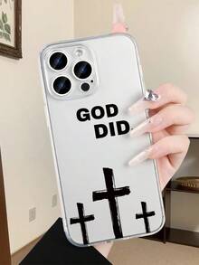 Funda de Silicona TPU para iPhone (X/XS/11/12/13/14/15/16/17) y , Estilo Religioso con Cruz y Letras "GOD DID", Protectora Ligera, Diseño Moda para Mujer/Hombre, Ideal para Uso Di - transparente - Ver 2