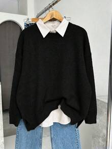 Plus Size Women's Casual Solid Color Long Sleeve Knit Sweater, Soft, Comfortable, Warm, Versatile Top For Autumn/Winter Black - Black - View 1