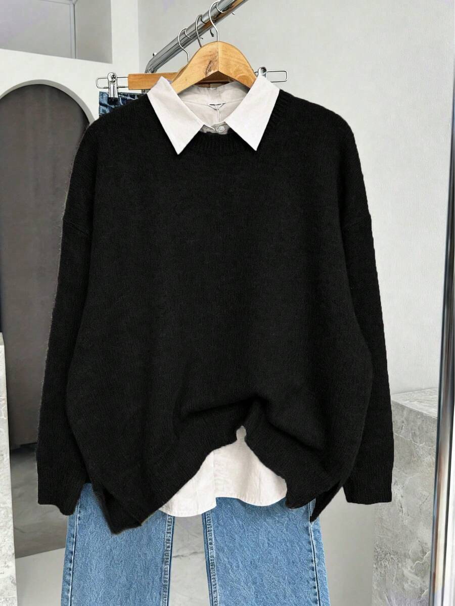 Plus Size Women's Casual Solid Color Long Sleeve Knit Sweater, Soft, Comfortable, Warm, Versatile Top For Autumn/Winter Black - Black - View 1