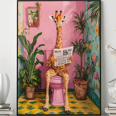 1pc Framed Canvas Wall Art, Poster, Wall Decor, Funny Animal Theme, Cute Giraffe Reading Newspaper In Bathroom - Canvas Wall Painting, Perfect For Modern Living Room, Bedroom, Bathroom Decor And Gift, Decorative Art Style, Contemporary Style, Minimalist Style, Animal Theme, Autumn, Spring