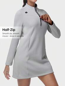 HOTSUIT 女款輕量針織抓絨連帽套頭長裙，1/4拉鍊，附袋鼠口袋，四向彈性，適合春季穿著 - 灰色 - 查看 4