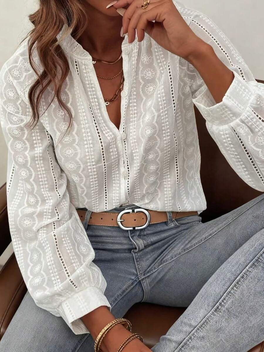 Áo kiểu nữ cỡ lớn EARO thêu họa tiết, dáng rộng, thanh lịch, màu trắng thời trang, đa năng, thích hợp cho mùa xuân. - trắng - Xem 1