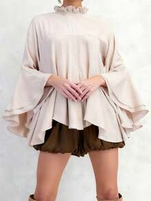 Women's Loose Fit Tops Fashionable Solid Color Long Sleeve Round Neck Irregular Ruffled Blouse For Casual Daily Wear - 杏色 - 查看 4