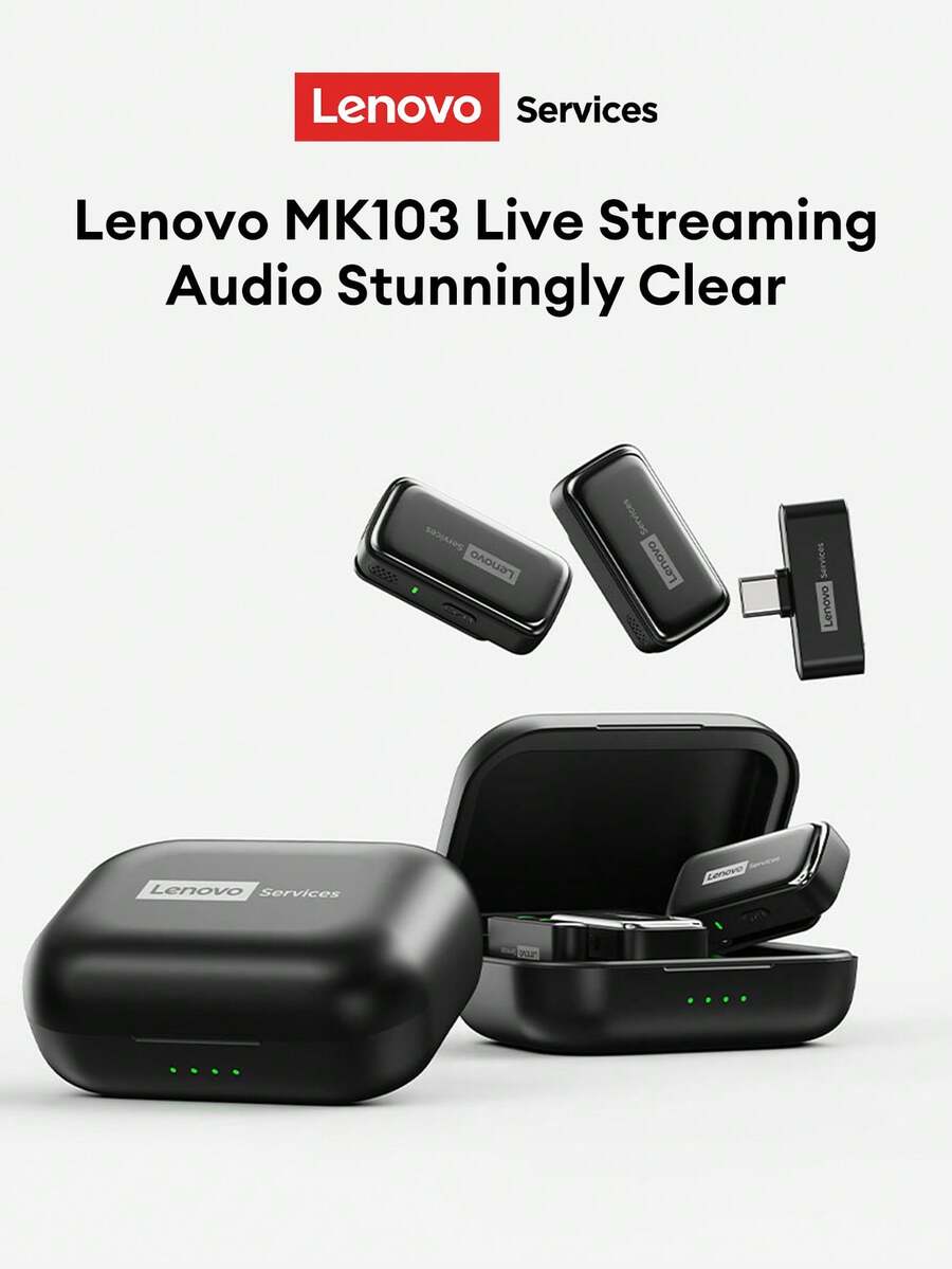 Lenovo MK103 Clip-On Microphone, Ultra-Clear Recording, Wireless, Outdoor Short Video Recording, Smart Noise Cancellation, Type-C Interface, Anti-Explosion, Wireless Mini Microphone For Live Streaming