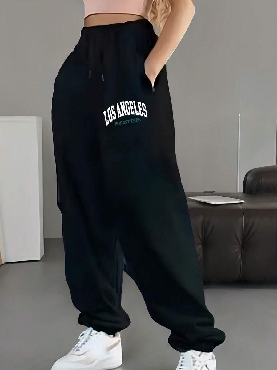 Pantalón deportivo para mujer estilo Y2K con estampado del bosque de Los Ángeles - Pantalón deportivo negro con cordón ajustable y estampado Los Ángeles, cómodo y casual, para cualquier época del año |   Moda Y2K |   Pantalón deportivo cómodo - Blanco - Ver 1