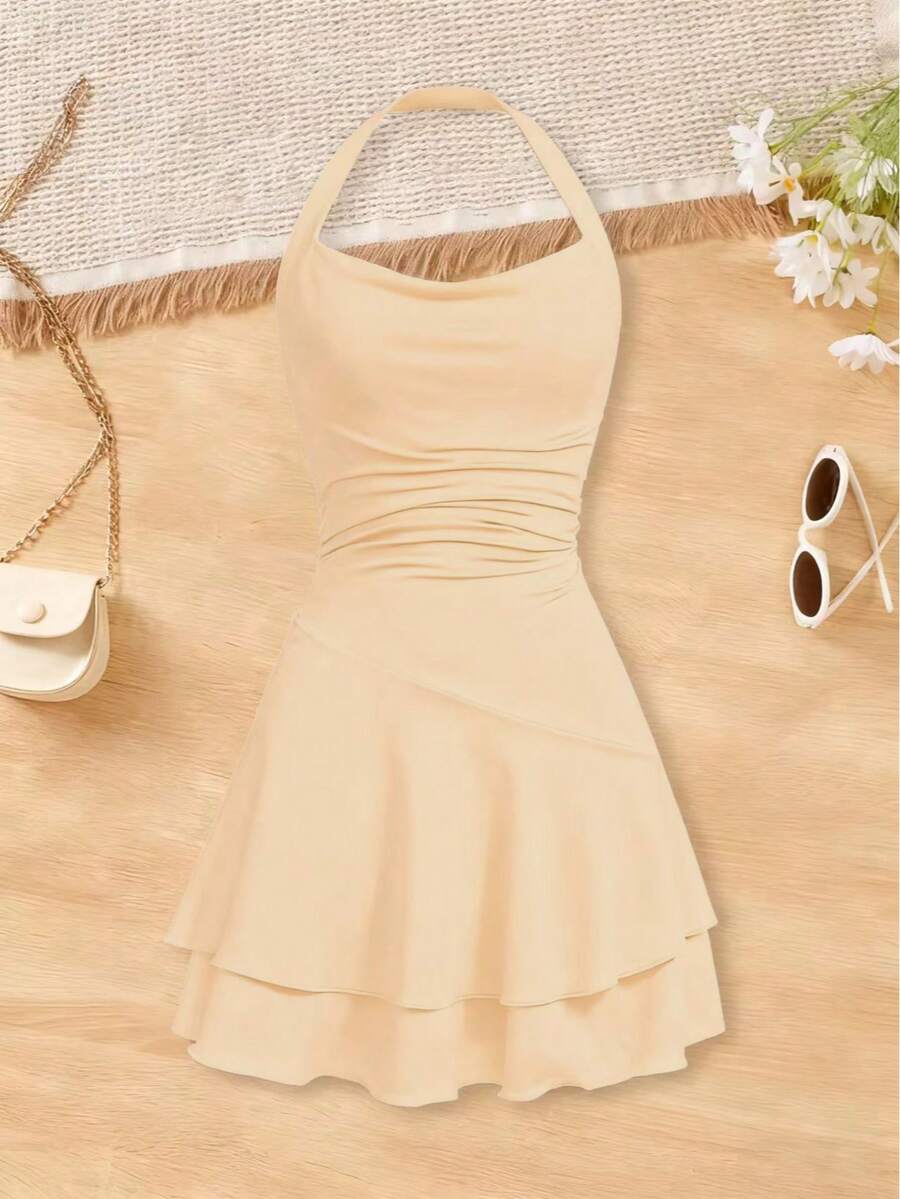 Girls' Fashion Cinched Waist Backless Criss-Cross Strap Dress - Yellow - View 1