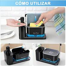 Dispensador de Jabon Cocina 4 en 1 con 2 Esponjas, Set Dispensador de Jabon con Soporte para Trapos y Esponjas, Dispensador Dual para Jabón Líquido y Lavatrastes para Fregadero, Cocina y Baño (Negro) - 1 - Ver 7