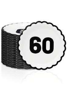 10个/20个/50个装 黑白相间 60岁生日扇形纸盘 庆祝60周年派对餐盘 男女通用 60岁生日周年纪念一次性花卉造型黑色蛋糕餐盘 派对活动节日用品装饰 - 黑色60歲 - 查看 3