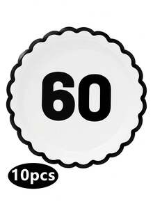 10个/20个/50个装 黑白相间 60岁生日扇形纸盘 庆祝60周年派对餐盘 男女通用 60岁生日周年纪念一次性花卉造型黑色蛋糕餐盘 派对活动节日用品装饰 - 黑色60歲 - 查看 11