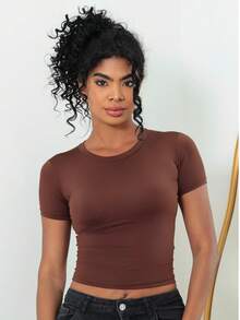 Moderna & Slim Kit 3: Women's Baby Tee: Slim Fit Short Sleeve Blouse - 1 negro, 1 marrón, 1 beige - Ver 4