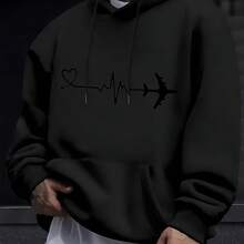 Men's Outdoor Sweatshirt, New Autumn-Winter 2026 Collection, Women's Fashion Black Hoodie With Heart, Pulse Line And Airplane Print For Daily Use, Travel And Casual Occasions, Spring Autumn, Comfortable Everyday Wear, Fashionable And For Outdoor Activities - 黑色 - 查看 6