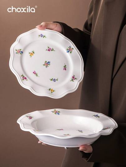 1pc Ceramic Plate With Floral Pattern, Pasta Plate, Dessert Plate, Fruit Plate, Dinner Plate, Decorative Plate