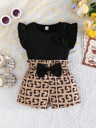 2pcs/Set Girls Outdoor Casual Cap Sleeve Bow Decor Top And Minimalist Print Shorts, Summer Outfit