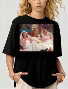 Retro-Style Friends Bridesmaid Chill-Session Retro Cotton Graphic Summer Short Sleeve Unisex T-Shirt - 黑色 - 查看 6