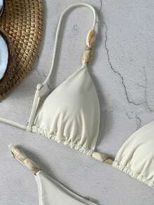 Bikinx 女士优雅比基尼套装，采用细肩带、系带前襟和露背设计，并饰有打结细节，尽显时尚风采。 - 米色 - 查看 5