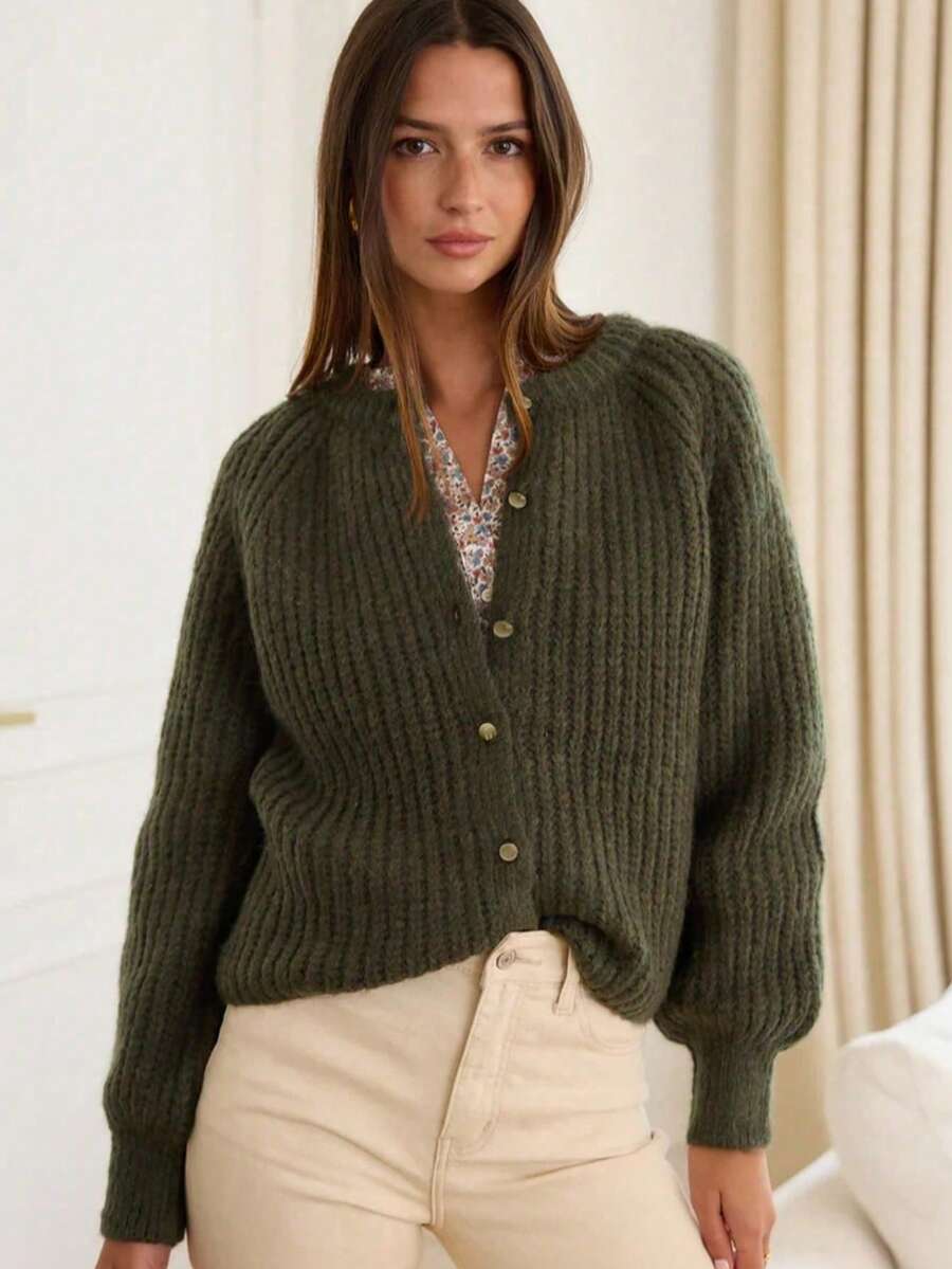 Women's Solid Color Round Neck Raglan Sleeve Long Sleeve Loose Front Button Casual Knit Cardigan - Dark Green - View 1