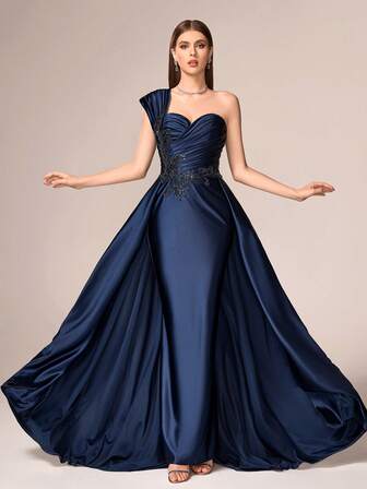 VIPGIRL Elegant Luxury Women's Long Formal Evening Dress, Featuring Pleated Bust Detail, Knit Fabric Accented With Contrasting Sequins.