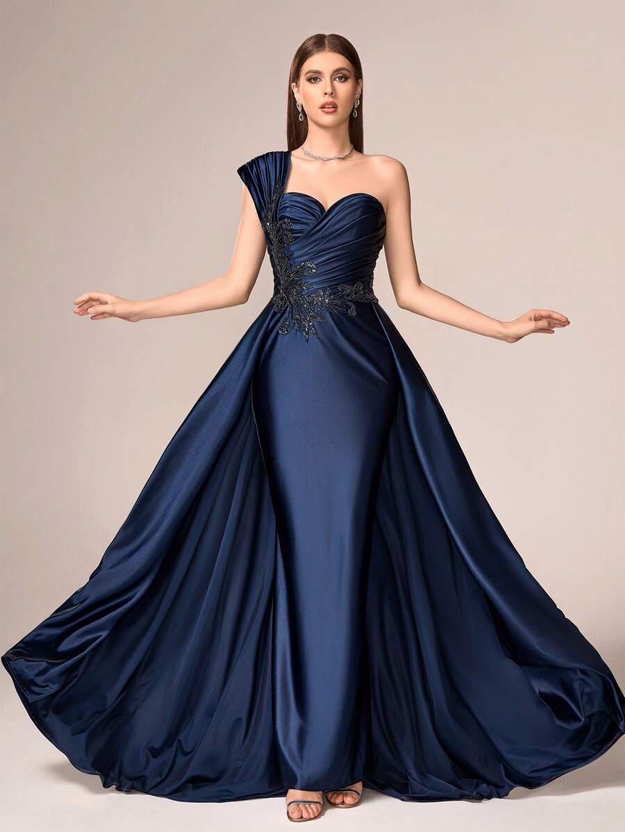 VIPGIRL Elegant Luxury Women's Long Formal Evening Dress, Featuring Pleated Bust Detail, Knit Fabric Accented With Contrasting Sequins. - Blue - View 1