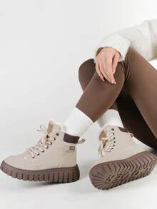 2025 New Style Multi-Purpose Warm High-Top Short Boots, Winter New Shoes, Soft Thick Sole, Casual And Comfortable, Snow Boots, Equipped With Wool Lining, Thick Platform Sole And Lacing Details - Suitable For Winter Fashion Outfits For Daily Outings, And Also A Great Choice As A Christmas Gift. - 卡其色 - 查看 2