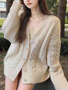 Alicedudu Women's Casual Elegant Hollow Design V-Neck Knit Cardigan Sweater, Autumn/Winter