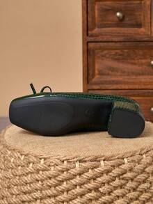 Dark Green Patent Two-Tone Stone-Texture Square Toe Bow Block Heel Pumps – 5cm - Dark Green - View 7
