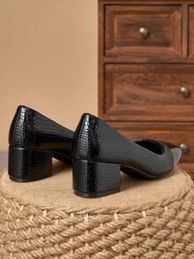 Black Patent Two-Tone Stone-Texture Square Toe Block Heel Pumps – 5cm - Black - View 6