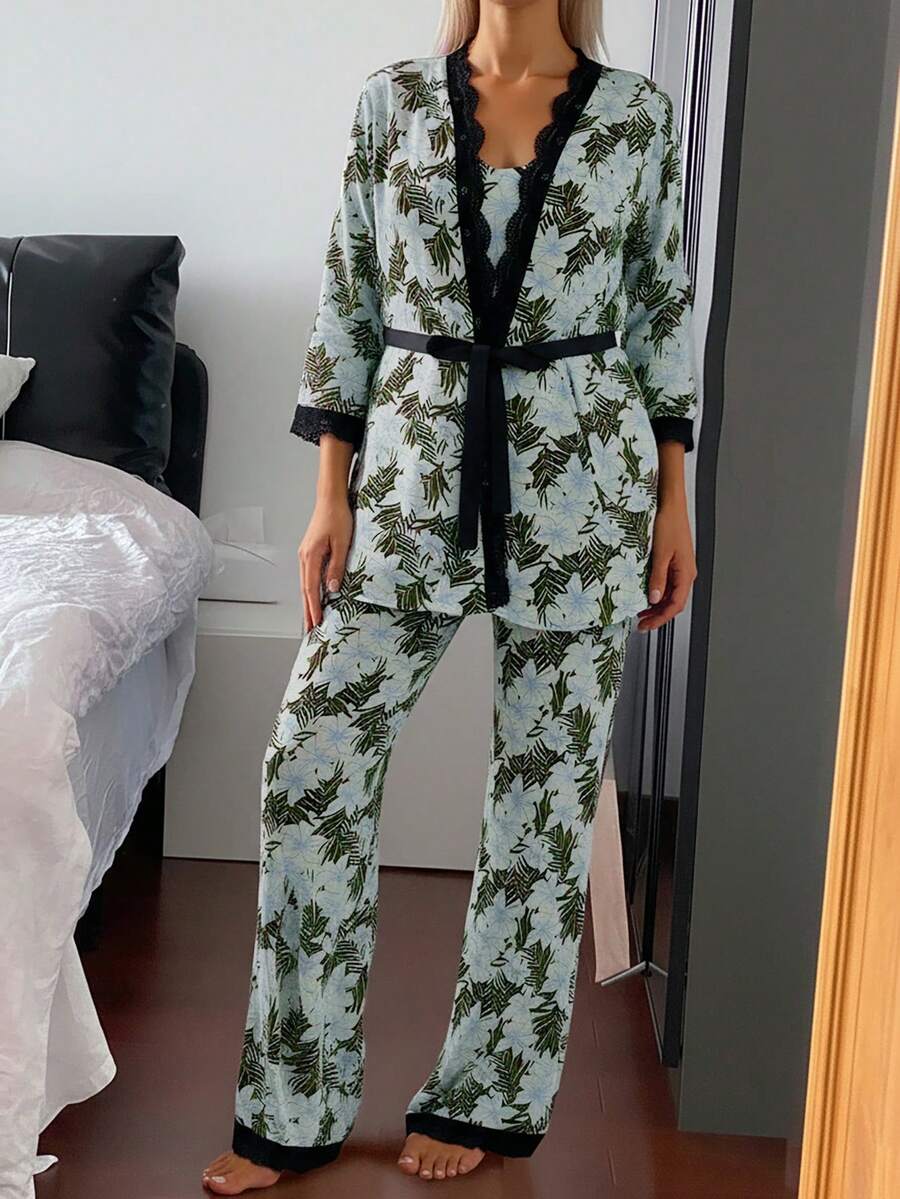 Bộ đồ ngủ thoải mái, dễ chịu, họa tiết ren hoa dành cho nữ, áo choàng, áo hai dây và quần dài - trắng - Xem 1