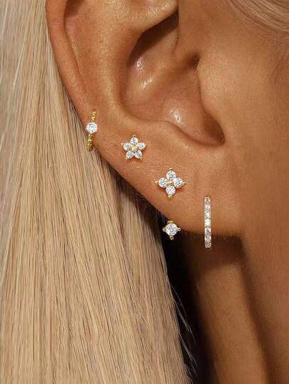 4 pièces Ensemble de boucles d'oreilles à anneaux ronds en acier inoxydable et zircone de mode exquise pour femmes. Boucles d'oreilles à tige fleur plaquées or 18 carats, bijoux de piercing de tempérament