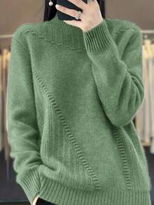 Plus Size Solid Color Stand Collar Long Sleeve Casual Pullover Sweater - Green - View 1