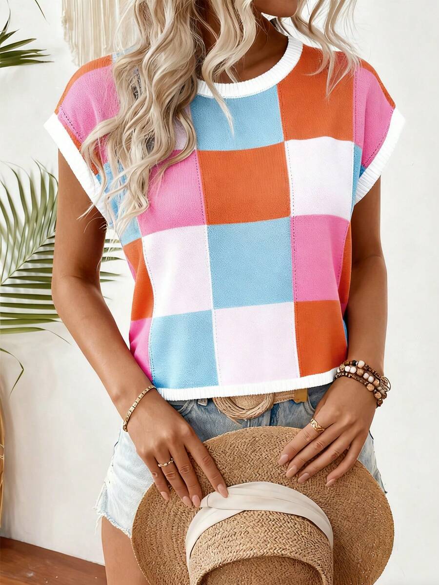 Plus Size Women Colorful Plaid Crew Neck Casual Aran Knit Sweater Pullover - Multicolor - View 1