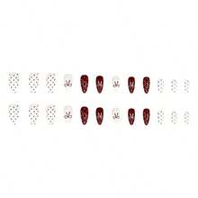 Polka Dot Press On Nails Medium Almond Fake Nails With Red Bow Design Stick On Nails Dark Red Nails Press Ons Reuasble Acrylic Glue On Nail For Women Girls Manicure 24Pcs - 彩色 - 查看 4